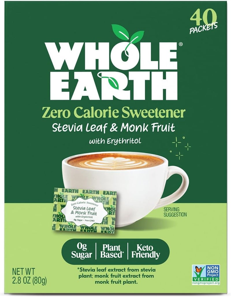 Whole Earth Zero Calorie Sweetener with Stevia Leaf & Monk Fruit, 40 Packets - Image 1